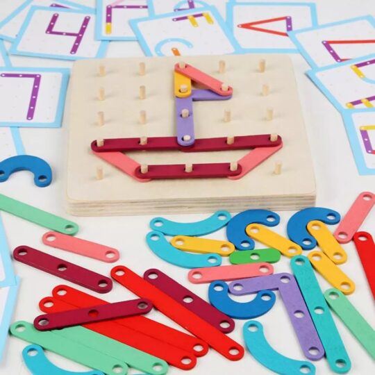 Wooden Geoboard with Puzzle Blocks and Cards